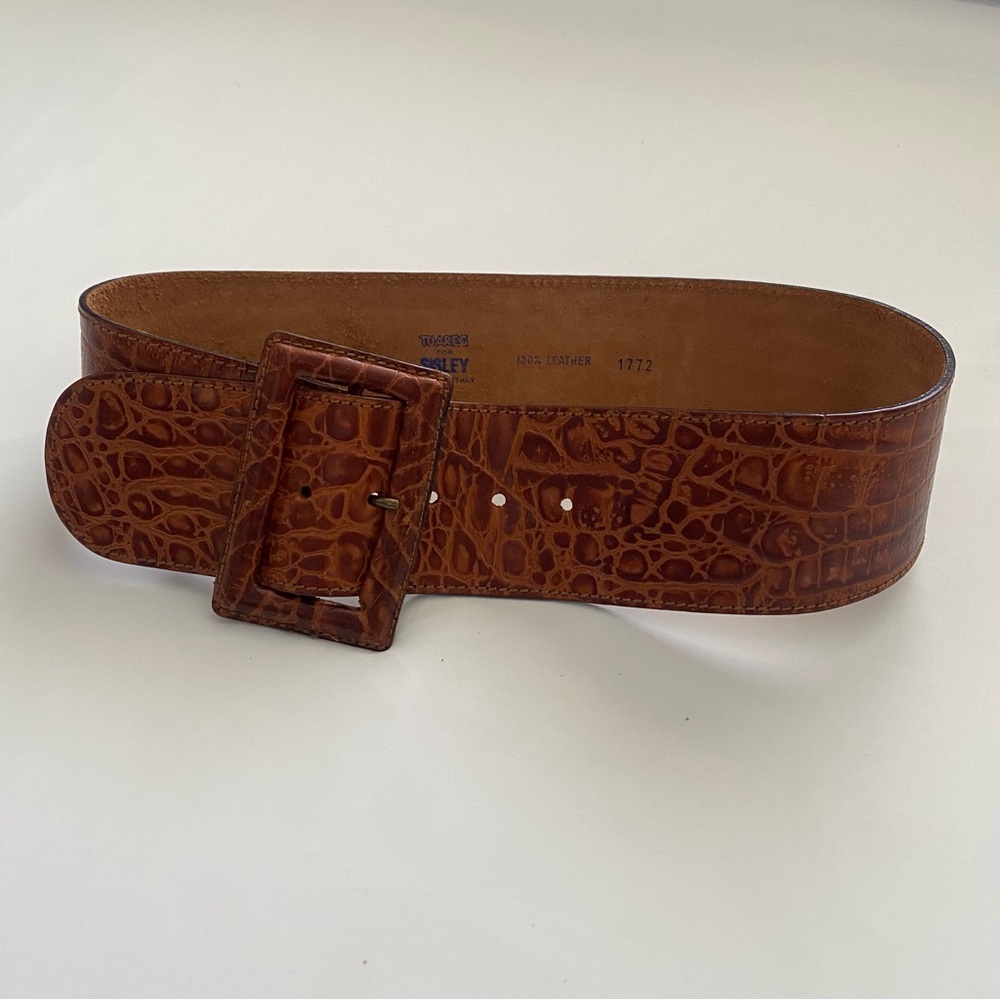 Vintage Brown Leather Belt with Crocodile Pattern